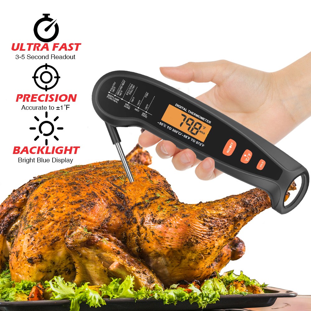 Meat Thermometer Digital, Instant Read Meat Thermometer with Waterproof,  Backlight, Calibration and Foldable Probe, Digital Meat Thermometer for